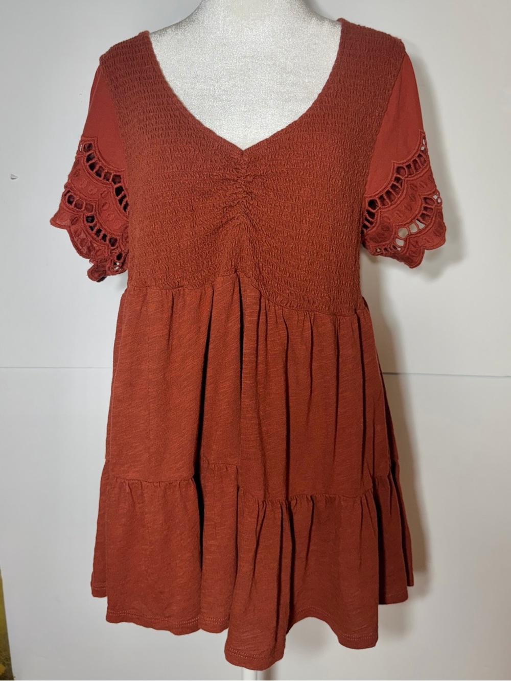 Torrid Rust Smocked Tiered V-Neck Top with Eyelet Short Sleeves